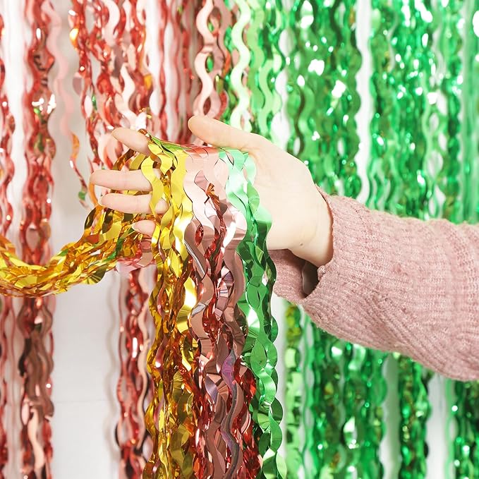 3 Pack Gold Green and Rose Gold Foil Curtain Party Decorations - 3.3x6.6fr Tinsel Streamers for Hawaiian Summer Tropical Beach Luau Themed Party Photo Booth Props Backdrop