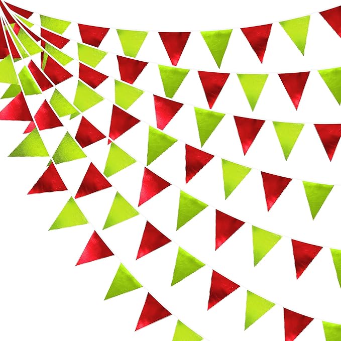 Red and Green Metallic Fabric Triangle Pennant Banner Flag Bunting Garland for Merry Grinchmas Birthday Baby Shower Bachelorette Xmas Holiday Christmas Holiday New Year Party Decorations Supplies
