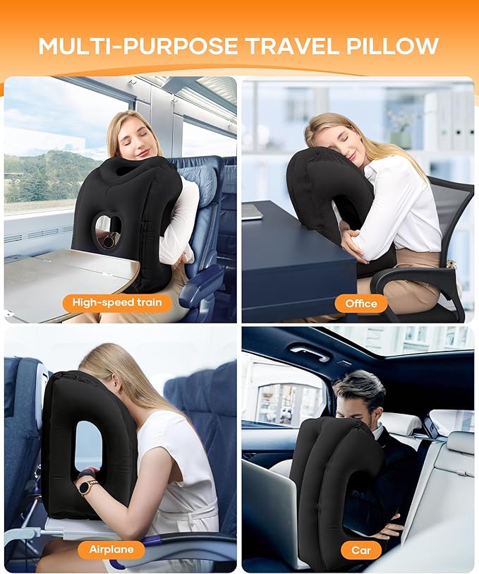 Sunany Travel Pillow, Upgraded Plane Pillow for Long Flights, Inflatable Neck Pillow Used for Airplanes,Cars,Buses,Trains,Office Napping with Eye Mask,Earplugs (Black)