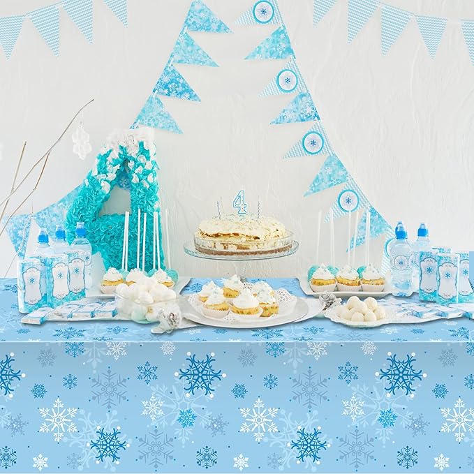 3 Pieces Snowflake Christmas Tablecloth, Plastic Ice Blue and White Winter Wonderland Table Cover for Holidays, 54x108 inch