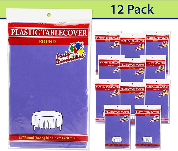 Party Dimensions Purple Disposable Plastic Tablecloth for Round Tables (12 Pack) 84 inches Table Cloths for Parties, Events & Weddings, Indoors & Outdoors, Plastic Table Cover