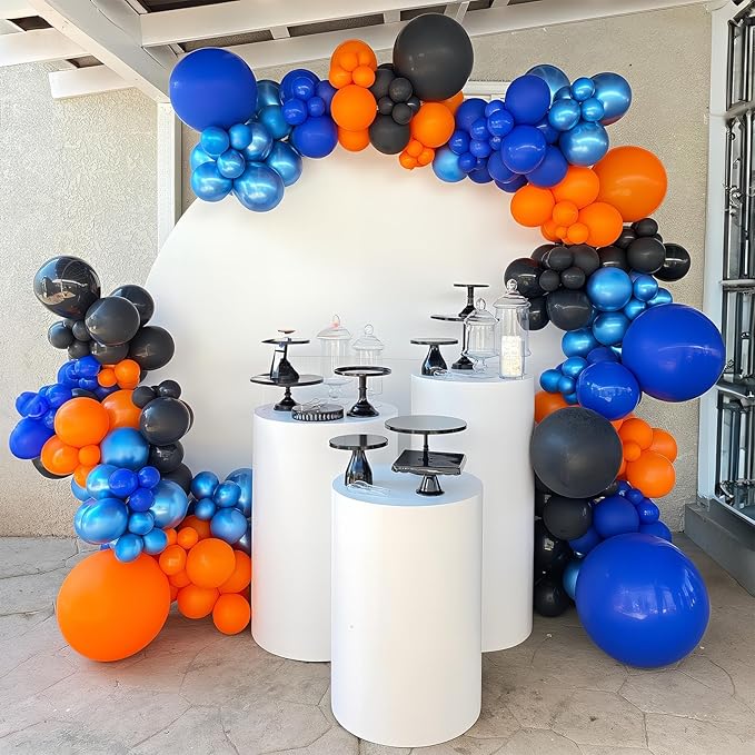Orange Blue Black Balloons Garland Arch Kit 112 Pcs Royal Navy Blue Black Orange Latex Helium Balloon for Graduation Cartoon Baby Shower Birthday Engagement Party Decorations Supplies