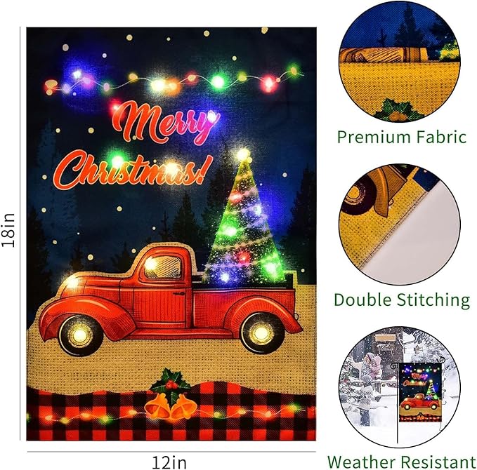 Merry Christmas Lighted Garden Flag, LED Red Truck Flag, Vertical Christmas Flag for Outdoor Yard Garden Lawn Decoration