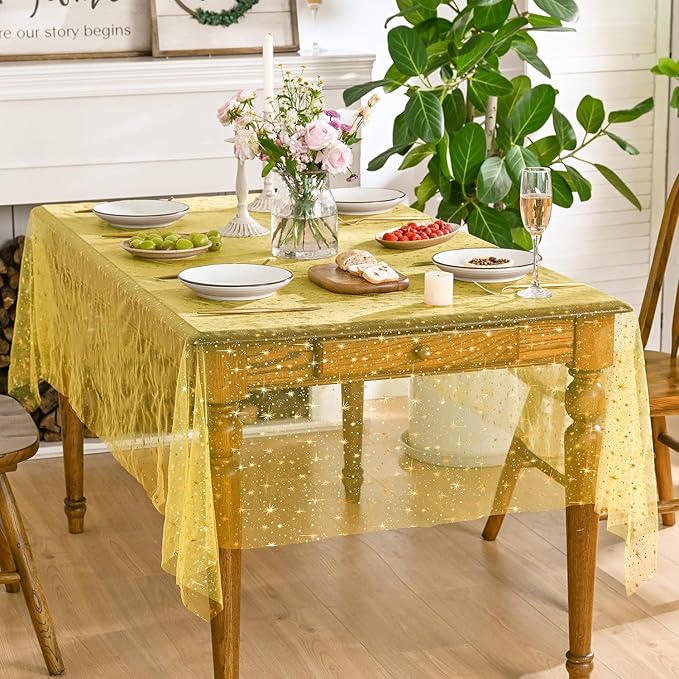 Horaldaily Yellow Gold Sparkling Star Gauze Tablecloth 60x140 Inch Rectangular, Golden Star Sequin Glitter Metallic Foil, Sheer Tulle Cheesecloth for Wedding Baby Shower Party