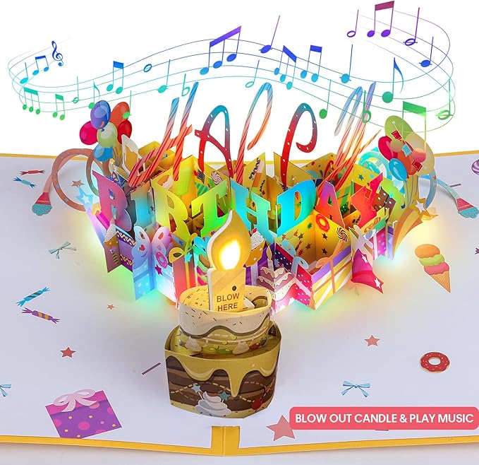 Olatay 3D Musical Birthday Popup Card, Blowable/Blow Out LED Light Candle and Play Happy Birthday Music for Kids Men and Women