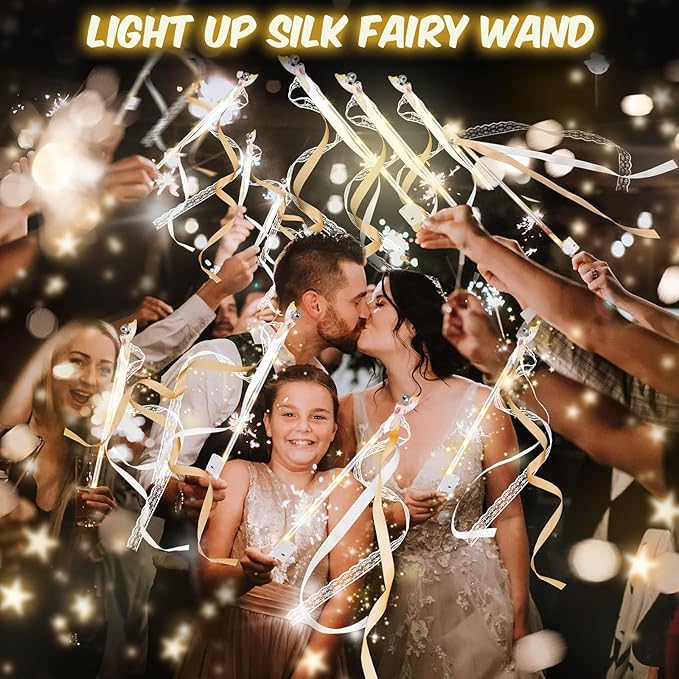 58 PCS Wedding Wands with Lights,Fairy Wands, LED Silk Fairy Wand with Bells for Wedding Send Off, New Year, Raves, Concert, Birthday