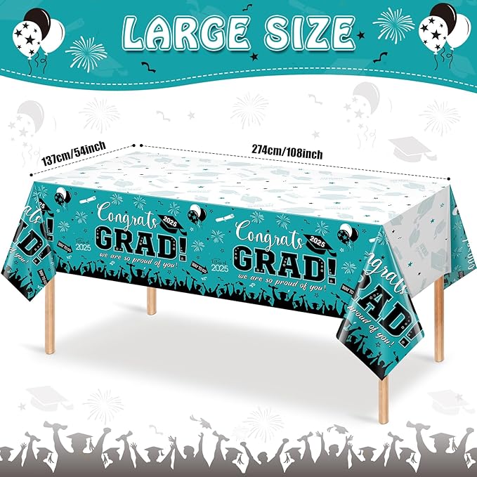 6 Pack Graduation Tablecloth Party Decorations, Class of 2026 Congrats Grad Plastic Tablecover Party Supplies, Teal Rectangle Graduation Table Decorations for College High School Party, 54 x 108 Inch