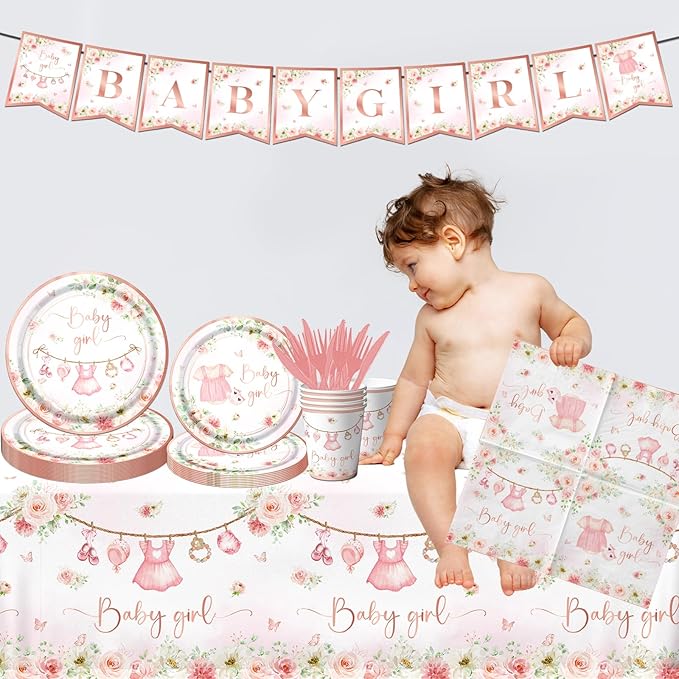 Rose Gold Baby Shower Tableware Set,Pink Girl Baby Shower Plates and Napkins Sets Include Baby Shower Plates Napkins Cups Floral Baby Girl Tablecloth for Girl Baby Shower Gender Reveal Party Supplies