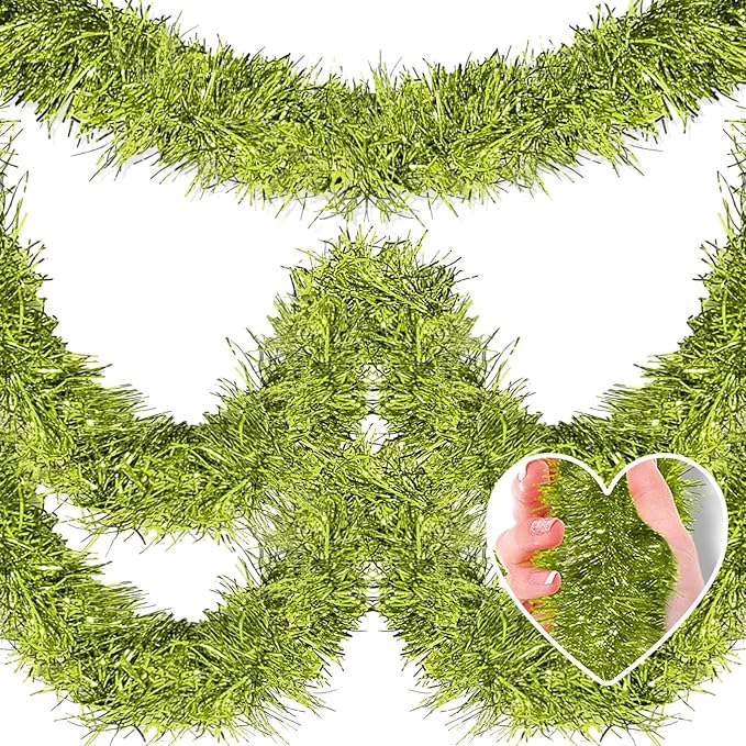25 Feet Christmas Tinsel Garland, Metallic Twist Garland Wall Hanging Tinsel Garland Backdrop for Parade Floats, Carnival, Birthday, Wedding, New Year Party Decorations (Light Green, 4in x 25ft)