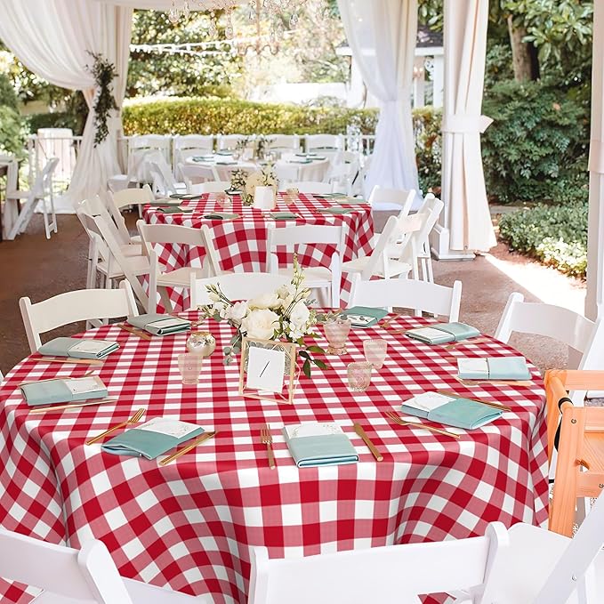 Mulbozy 2 Pcs Red Gingham Round Tablecloth, 84 inches Disposable Plastic Red and White Checkered Circle Table Covers for Baby Shower Wedding Bridal Shower Birthday Party Decorations
