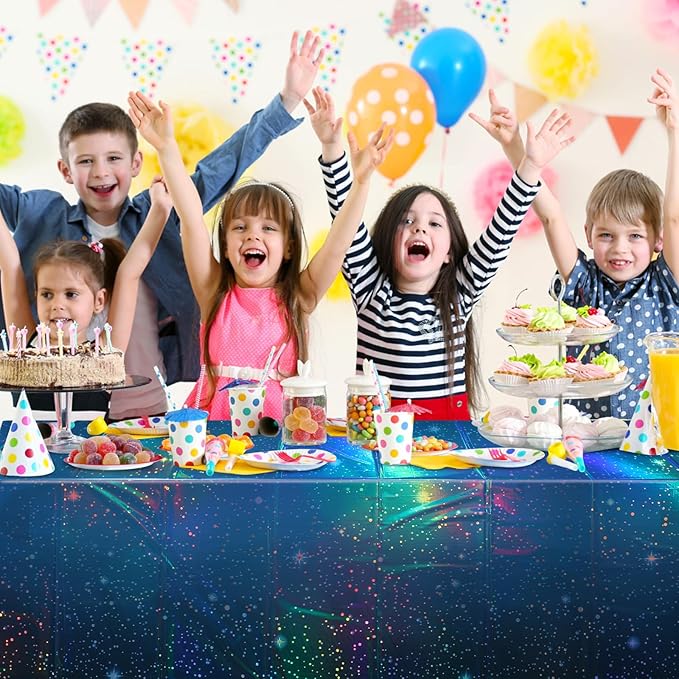 1Pcs Iridescent Space Tablecloths, Disposable Plastic Blue Galaxy Table Cloth Rectangle Table Covers for Space Starry Night Star Theme Party Birthday Party Decorations, 54x108 Inch
