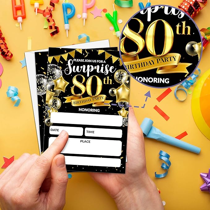 Surprise 80th Birthday Party Invitation, Black and Gold Fill-In Invites For Adult Woman & Man, 20 Invitations With Envelopes(4" x 6"), Party Favors Decorations And Supplies-06