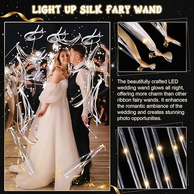 100 Pcs Wedding Wands Ribbon Streamers with 3 Colorful Flashing Modes, Light up LED Silk Fairy Wands, Glow Lace Stick with Bells for Wedding Reception, Graduation, New Year, Birthday Party (Champagne)
