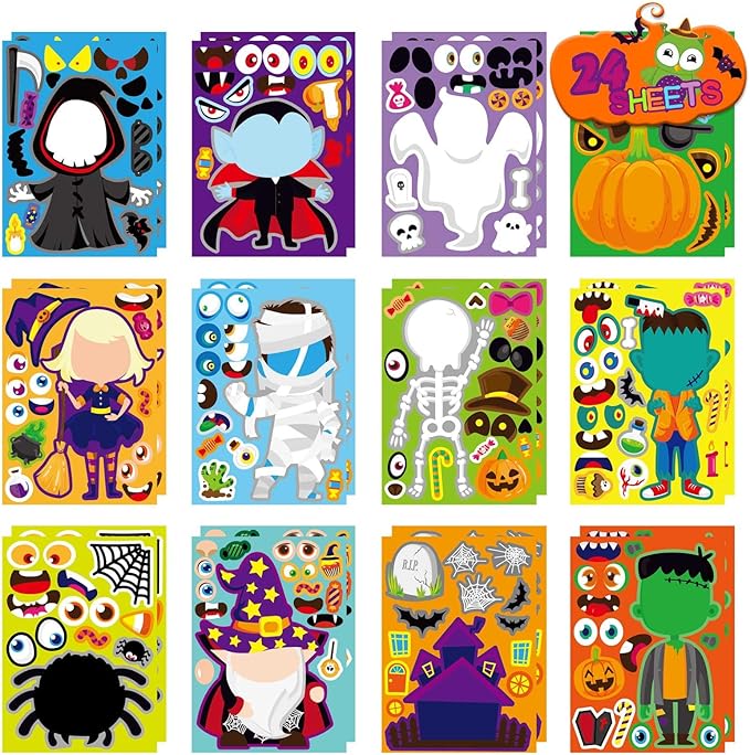 24 Sheets Halloween Stickers for Kids, Halloween Decorations, Kids Party Games, Face Stickers, Vinyl, Waterproof, Cartoon, Halloween Style