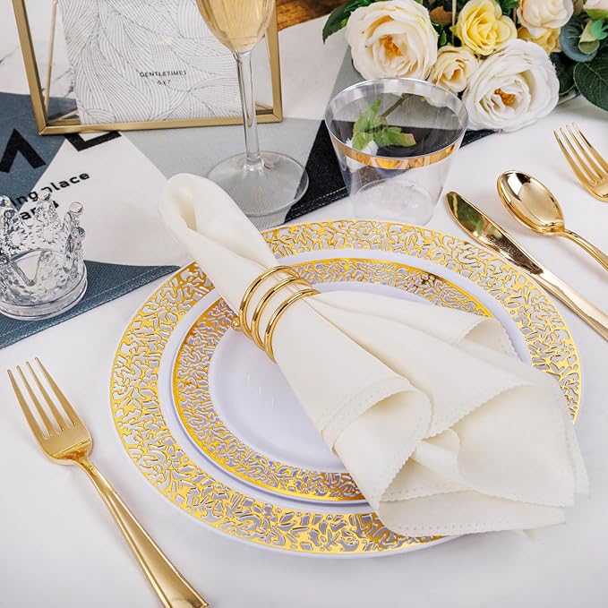 WELLIFE 175Pcs Gold Dinnerware Sets, Include:25 Dinner Plates, 25 Dessert Plates, 25 Paper Napkins, 25 Cups, 25 Plastic Cutlery Set
