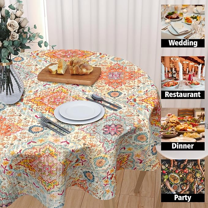 Boho Round Tablecloth Colorful Bohemian Circle Table Cloth 60 Inch Vintage Rustic Farmhouse Table Cover Washable Polyester Indoor Decorations for Home Kitchen Dinning Party