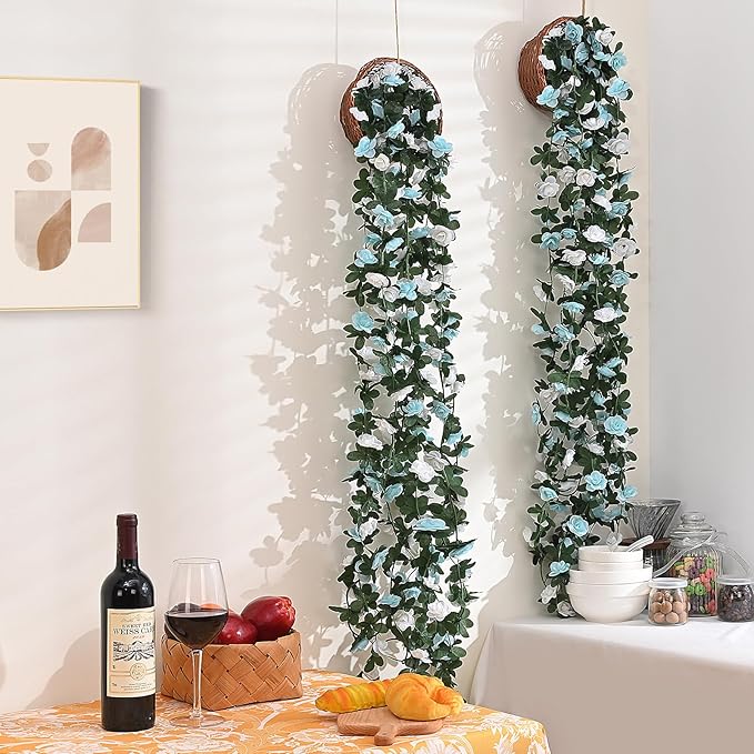 MARTINE MALL Flower Garland - 5 Strands 41Ft Rose Vines for Bedroom Decor, Blue and White Rose Floral Garland for Room Birthday Wedding Party Garden Wall Decor