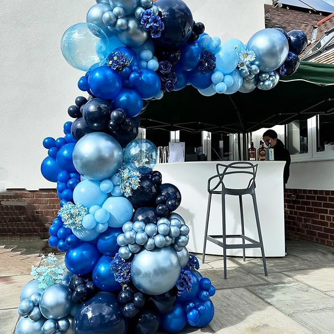 Blue Silver Balloons Set, 12 Inch Blue and Silver Balloons Dark Navy and Confetti Party Latex Balloon, Macaron Metallic Baby Blue Mixed Balloon for Birthday Graduation Baby Shower Wedding Retirement