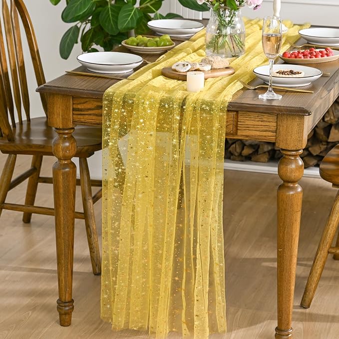 Horaldaily Yellow Gold Sparkling Star Gauze Tablecloth 60x104 Inch Rectangular, Golden Star Sequin Glitter Metallic Foil, Sheer Tulle Cheesecloth for Wedding Baby Shower Party