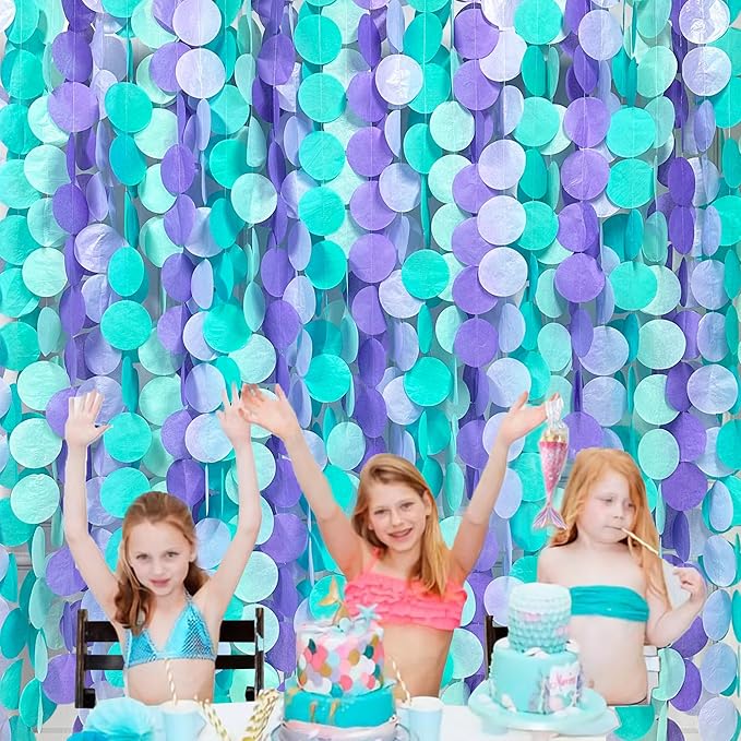 205Ft Purple Teal Big Circle Dot Backdrop Streamer Tissue Paper Polka Dot Hanging Garland for Mermaid Under The Sea Birthday Bachelorette Wedding Baby Shower Engagement Party Decorations Supplies