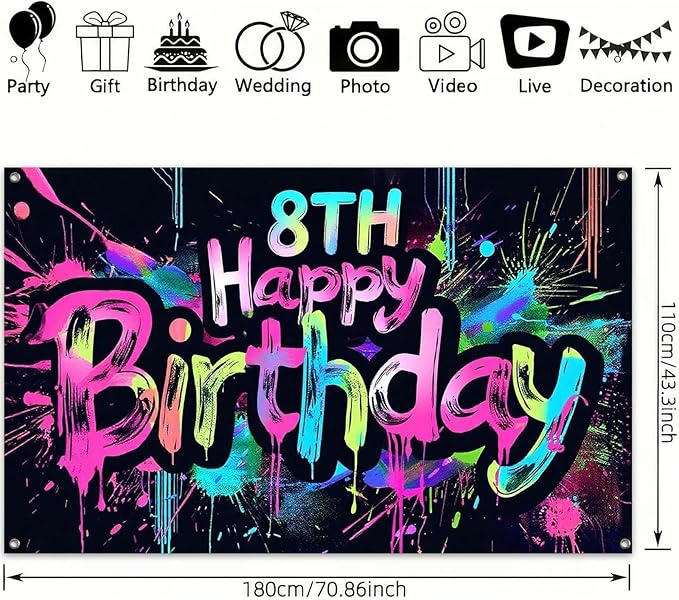 Neon 8th Happy Birthday Banner 71x43 Inch Paint Splatter Glow in The Dark Backdrop Colorful Wall Decor for Kids Boys Girls Eighth Birthday Celebrations Photo Booth Props Event Supplies