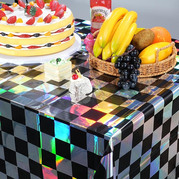 3Pack Black and Iridescent Checkered Plastic Tablecloth, Shiny Disposable Laser Rectangle Table Covers, Holographic Foil Tablecloth Iridescent Party Decorations for Picnic Camping Race Car, 54x108Inch