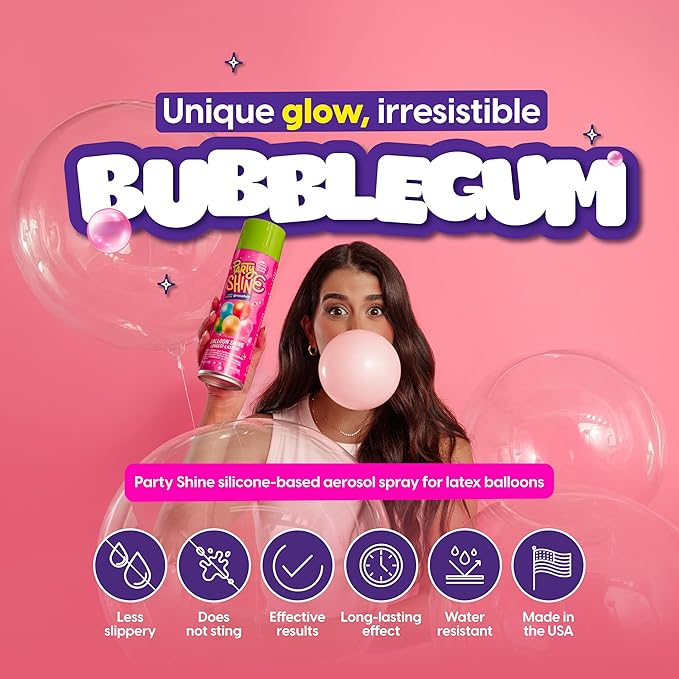 Party Shine Bubble Gum Balloon Shine Spray, Silicone Spray for Latex Balloons, Sweet Bubble Gum Scent, Waterproof, Non-Slip Formula, Balloon Spray Shine Perfect for Party Decorations, 13oz (1 Pack)