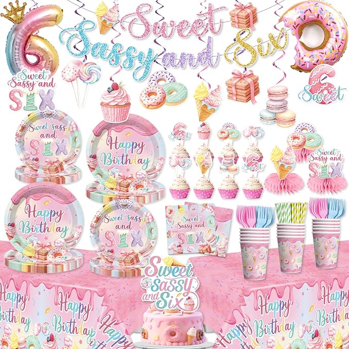 330pcs Sweet Sassy and Six Birthday Decorations with Tableware Set, Banner, Hanging, Tablecloth, Cake Topper, Centerpieces, Balloon, for 6 Year Old Girl Birthday Decorations, Serves 50