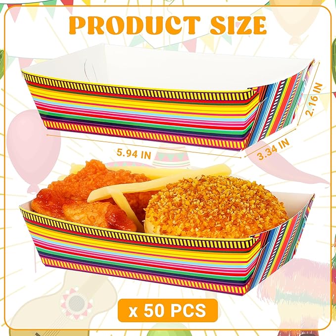 50 PCS Cinco De Mayo Decorations, Large Capacity Fiesta Plates, Serape Pattern Cinco De Mayo Paper Trays Mexican Food Trays Fiesta Hot Dog Trays, Disposable Mexican Theme Party Decorations