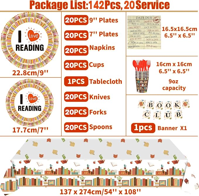 142 Pcs Vintage Book Theme Party Tableware Book Club Birthday Party Supplies Library Reading Themed Disposable Plates Napkins Cups and Forks Set
