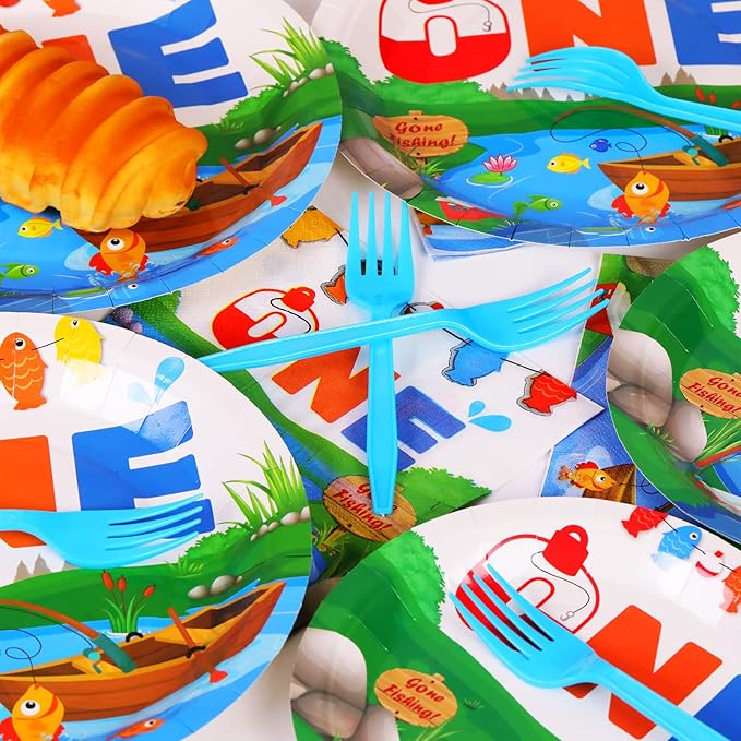 96 Pcs Ofishally One Birthday Party Paper Plate and Napkins Gone Fishing 1st Party Party Decorations Little Fisherman Tableware Set Disposable The Big One Birthday Supplies for Party Favors 24 Guests
