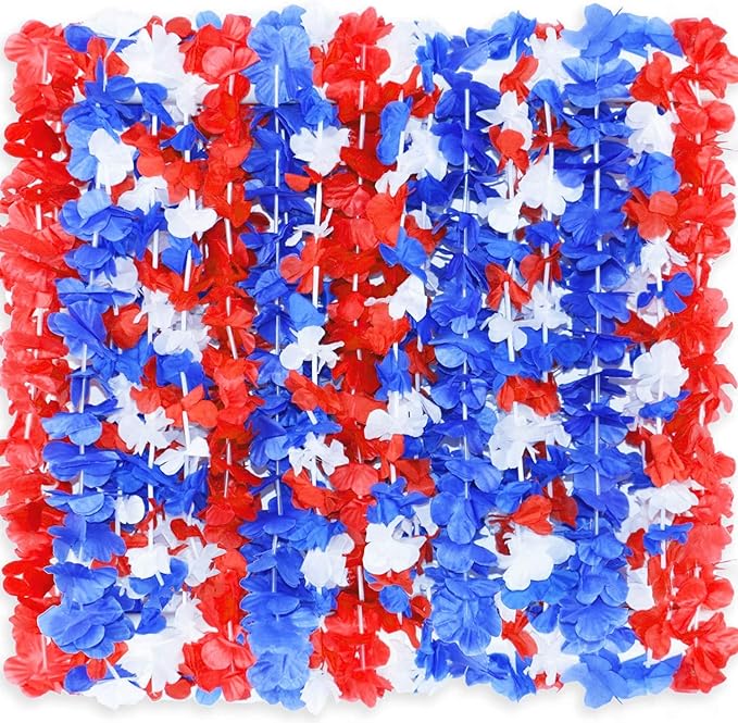 LALASTAR Red White and Blue Flower Leis, Memorial Day Decorations, 4th of July Memorial Day Patriotic Decorations, Hawaiian Luau Flower Necklace Party Favors, Pack of 12