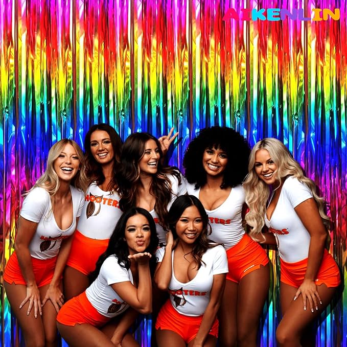 4 Pack 3.2Ft x 8.2Ft Rainbow Foil Fringe Curtain Backdrop, Metallic Tinsel Foil Fringe Streamers Curtains Background for Photo Booth, Birthday, Wedding, Disco, Bachelorette, Christmas Party Decoration