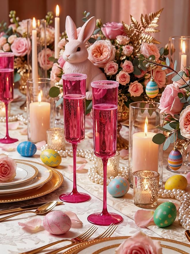 Ciaell 24 Pack Plastic Champagne Flutes - Hot Pink 6 Oz Disposable Champagne Glasses - Square Plastic Toasting Glasses for Party Birthday Anniversary Wedding & Easter