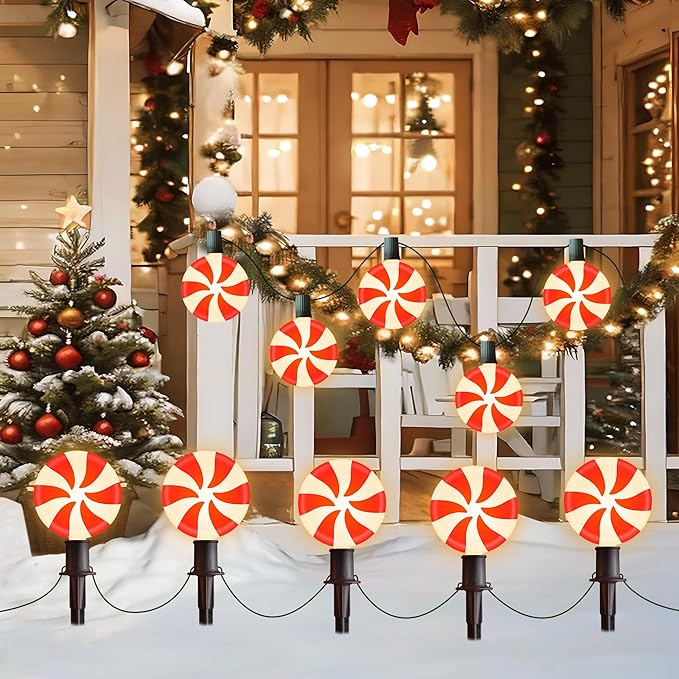 Ultimate Unicorn Christmas Lollipop Pathway Lights for Garden Christmas Decoration Red, 10 LED Peppermint String Lights with Stakes for Outdoor Sidewalk Pathway Rooftop Lawn Garden