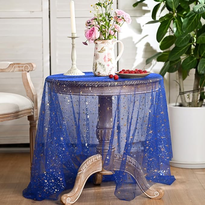 Horaldaily Royal Blue Gold Sparkling Star Gauze Tablecloth 60x60 Inch Square, Golden Star Sequin Glitter Metallic Foil, Sheer Tulle Cheesecloth for Wedding Baby Shower Party