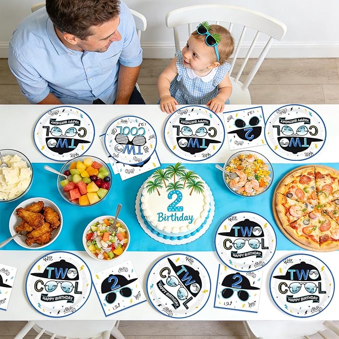 96Pcs Two Cool Birthday Party Decorations Blue 2nd Birthday Plates and Napkins Palm Frond Sunglasses Disposable Paper Tableware Set for Boys 2 Year Old Party Supplies Serves 24