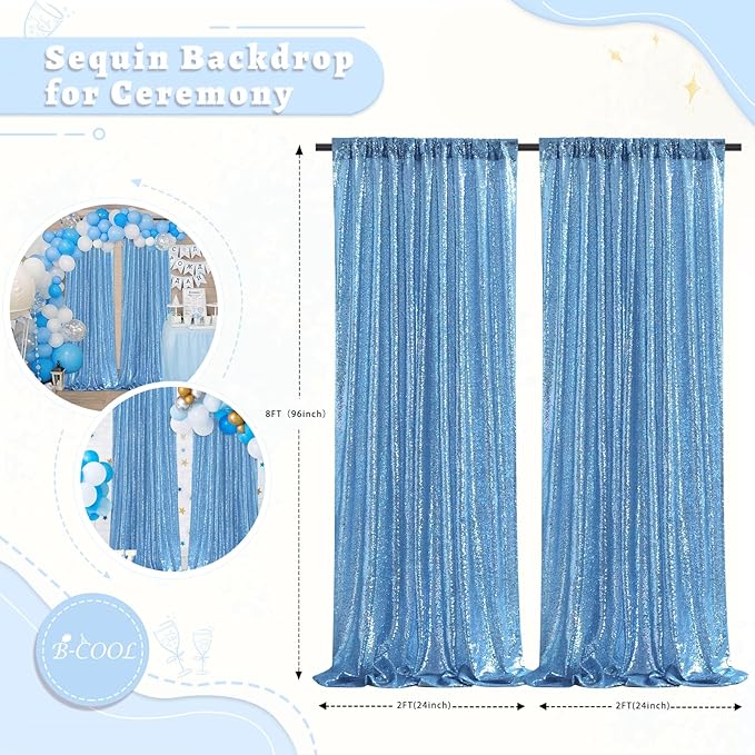 B-COOL Baby Blue Backdrop Curtains 4 Panels Baby Shower Sparkly Drapes 2ft x 8ft Baby Shower Curtain Drapes Baby Blue Spring Stage Backdrop Fabric