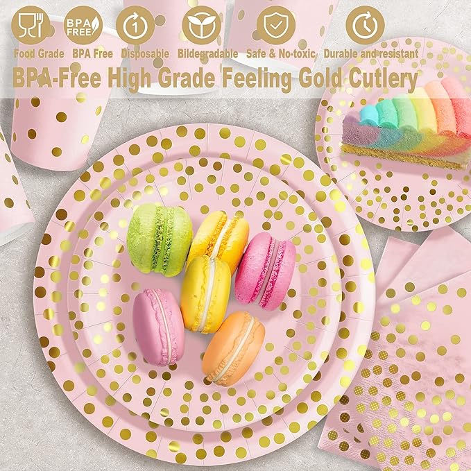AIRE 175PCS Pink Rose Gold Plates Party Supplies Severs 25 Guests Disposable Party Decorations, Plastic Forks Knives Spoons, Golden Dot Paper Plates Napkins Cups for Baby Shower Birthday Wedding