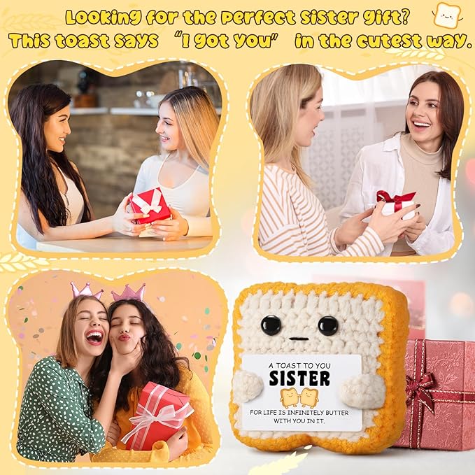 Funny Sister Gift Handmade Crochet Toast Plush with Pun Card, Cute Birthday Gifts for Sister, Women, Appreciation Present, Thanksgiving, Christmas Stocking Stuffers from Brother, Sister, Bestie friend