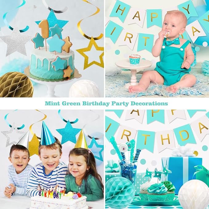 meowtastic Birthday Decorations, Happy Birthday Banner with Honeycomb Balls, Stars Hanging Swirls Streamers, Circle Dots Garland, Happy Birthday Party Decorations for Women Men Boys Girls (Mint)