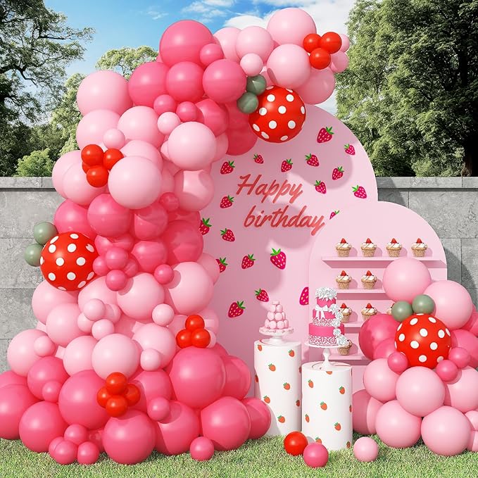 Strawberry Balloons Garland Arch Kit - Hot Pink, Red & Pastel Polka Dot Balloons for Girls' Berry Themed Birthday or Baby Shower Party Decorations