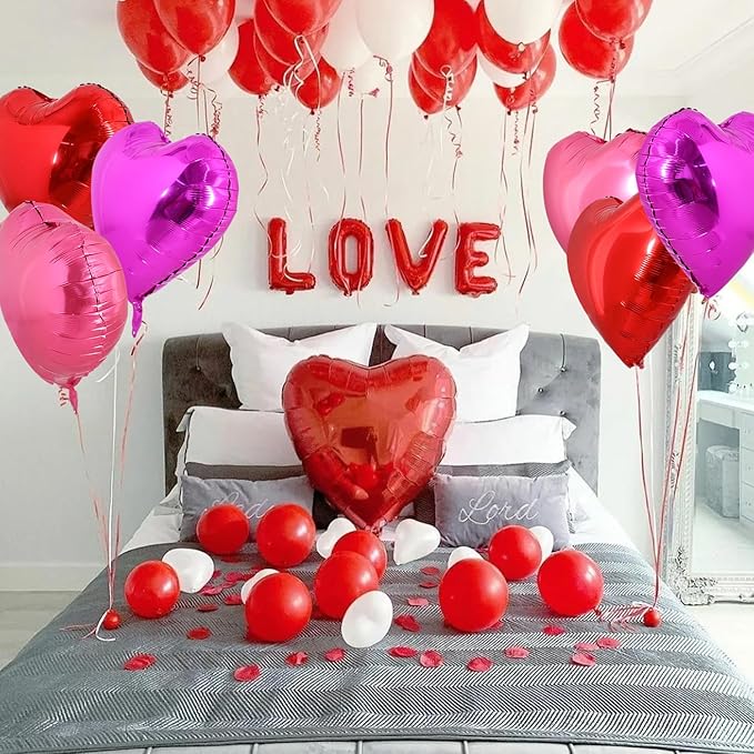 TONIFUL 30Pcs 18 Inch Rose Red Heart Balloons Valentine’s Day Heart Shape Foil Mylar Balloons Decoration for Romantic Valentine's Day Wedding Bridal Shower Anniversary Engagement Party Supplies