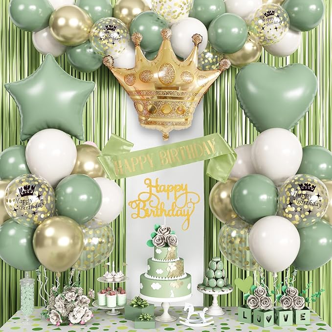 Sage Green Birthday Decorations with Olive Green Fringe Curtain Sash Foil Balloon Eucalyptus White Gold Latex Balloons Happy Birthday Banner for Girls Women Party Decoration