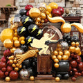 144PC Magic Balloons Arch Kit, Burgundy Black Gold Balloon Garland with DIY Broom Golden Sphere Foil Balloons, Maroon Mustard Yellow Confetti Balloon for School Birthday Decorations Party