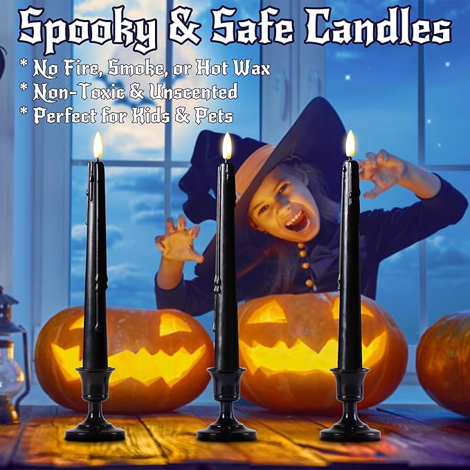 Black Flameless Taper Candles with Remote and Timer - 9.65 Inch Real Wax LED Candlesticks - Wax Drip Battery Operated Halloween Taper Candles with 3D Flickering Flame Halloween Decor, 3 Pack