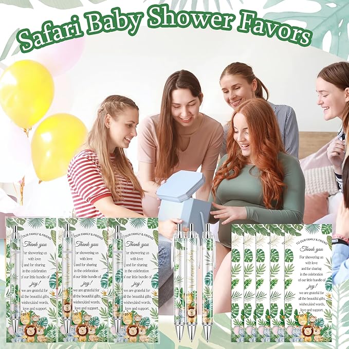 50 Sets Pen Baby Shower Favors Gifts for Guests Includes 50 Rolling Paper Ballpoint Pens and 50 Greeting Thank You Bookmarks Baby Shower Party Favors (Safari)
