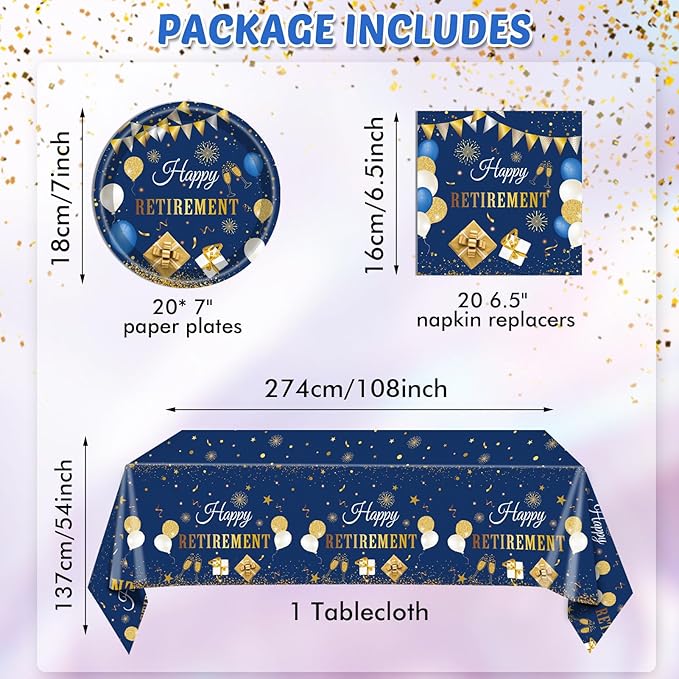 41PCS Retirement Decorations For Women Men Blue Gold Happy Retirement Party Supplies Decor Napkins Plates Tablecloth Tableware Set Serves 20