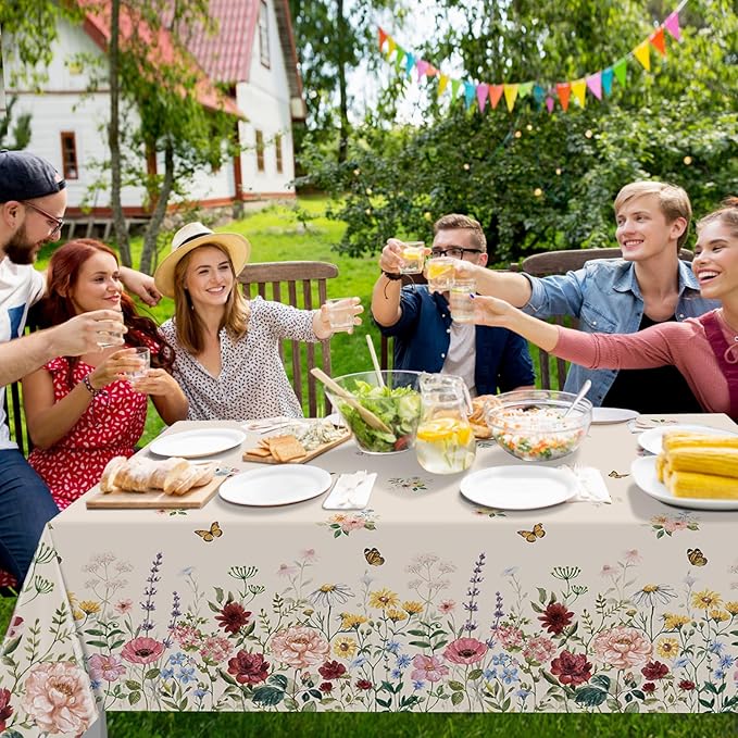 24 Pcs Spring Floral Tablecloth, Butterfly Wildflower Plastic Disposable Tablecloth Rectangle Table Covers for Easter, Birthday, Wedding, Mothers Day Tea Party Supplies and Decorations,54 x 108 Inch