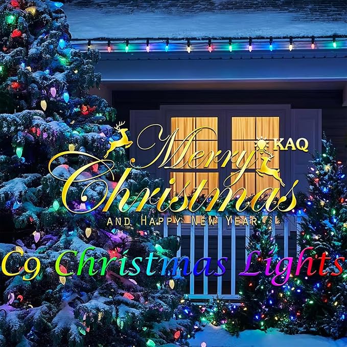 KAQ 2PK 100LED Multicolor C9 Christmas Lights Waterproof Indoor Outdoor, Extendable 98FT String Lights Plug in with 13 Lighting Modes, Christmas Decorations for Party Patio, Xmas Outside Yard Decor